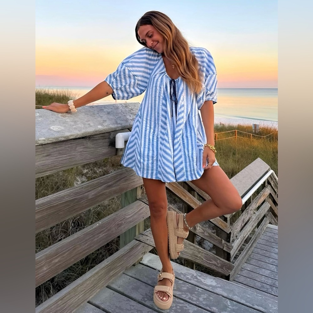 Womens Summer Striped Romper Casual Oversized Puff Sleeve Short-SIZE Various